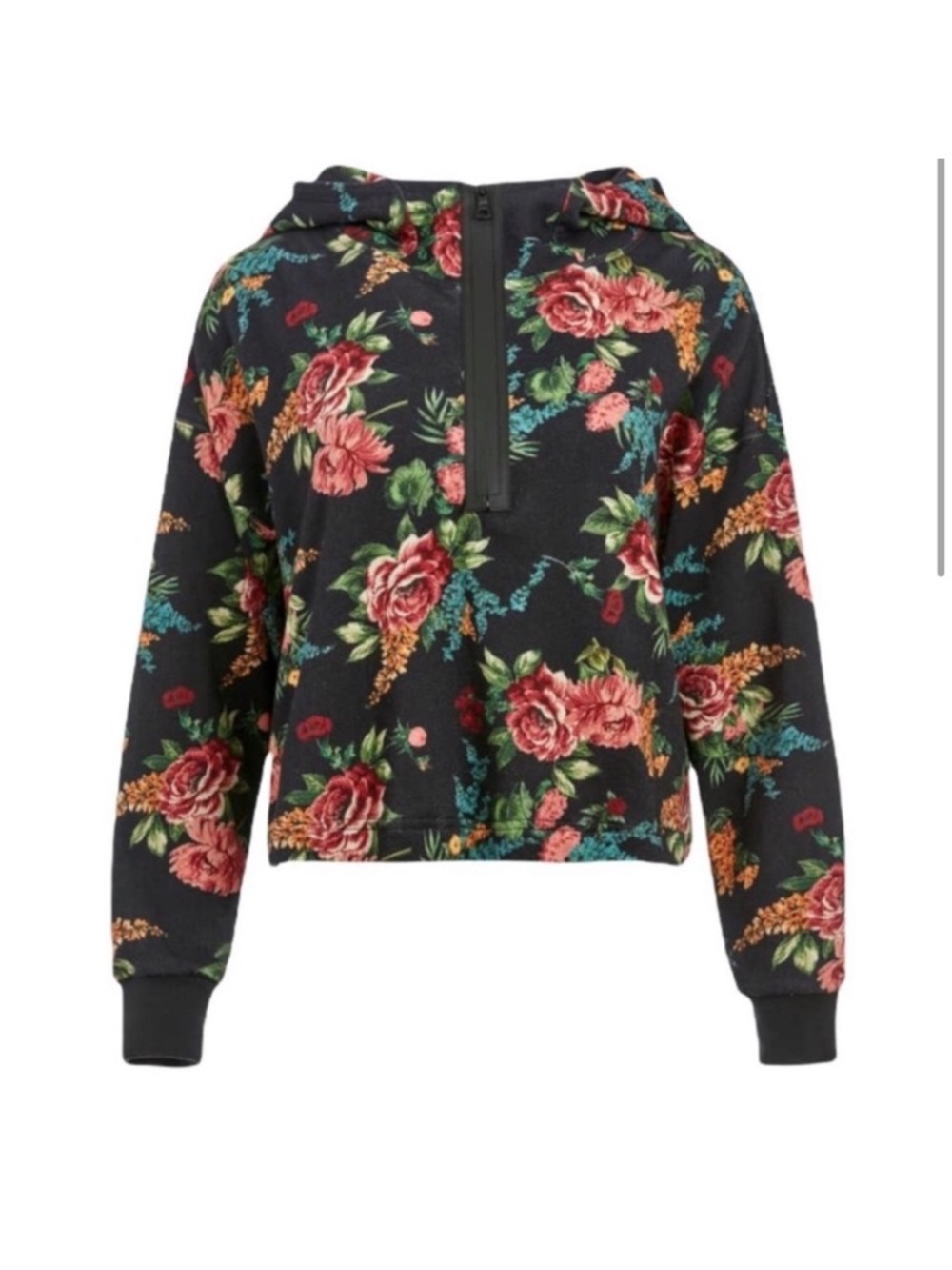 Alice + Olivia Quinlan Floral Half-Zip Hoodie - Black with Rose Print